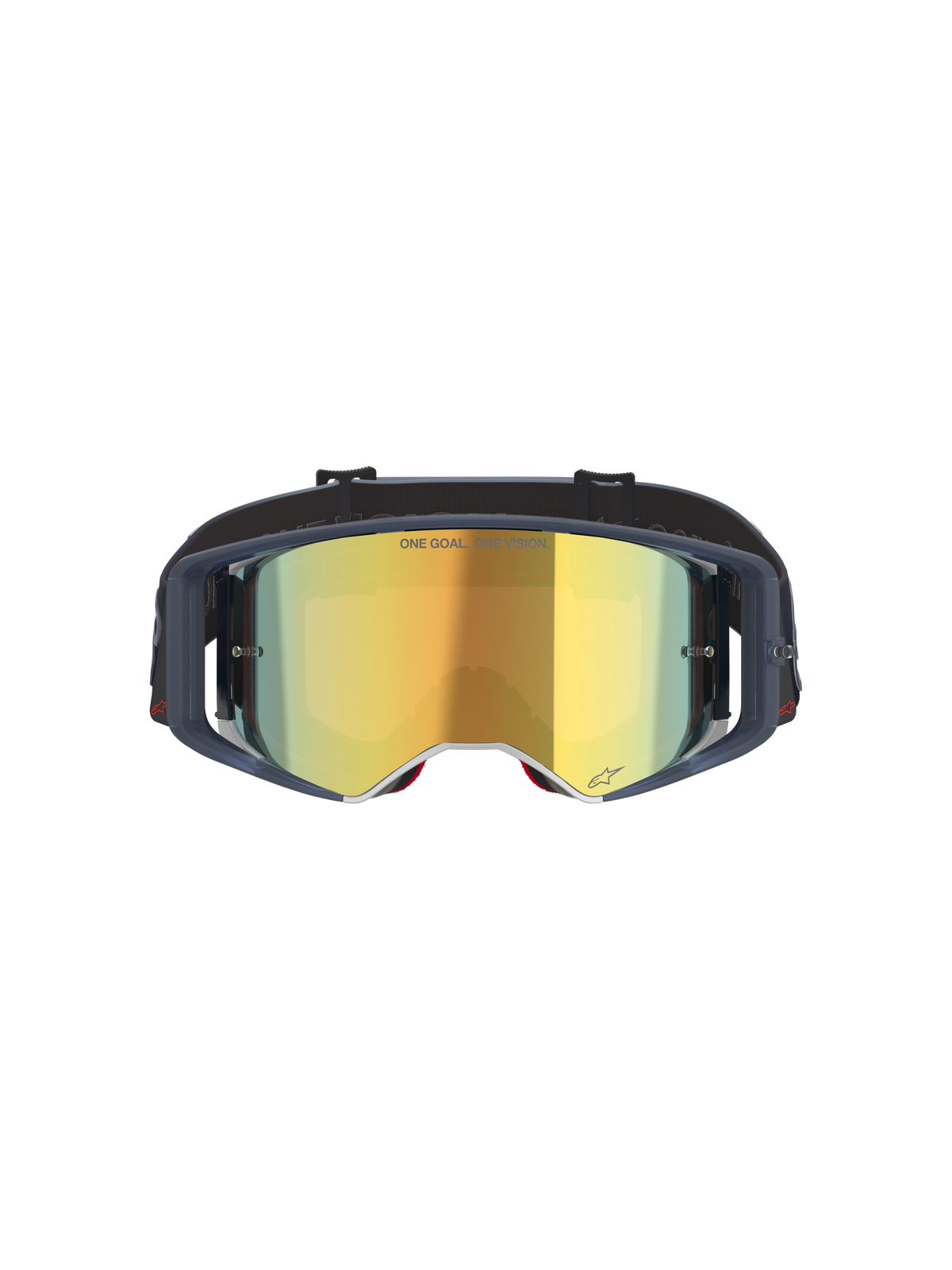 Alpinestars Supertech Vision Vista goggles, motocross-briller, Black Mirror Gold, set forfra med guld-spejlglas og mørk ramme, professionelle off-road racerbriller med "ONE GOAL. ONE VISION." tekst og logodetaljer.