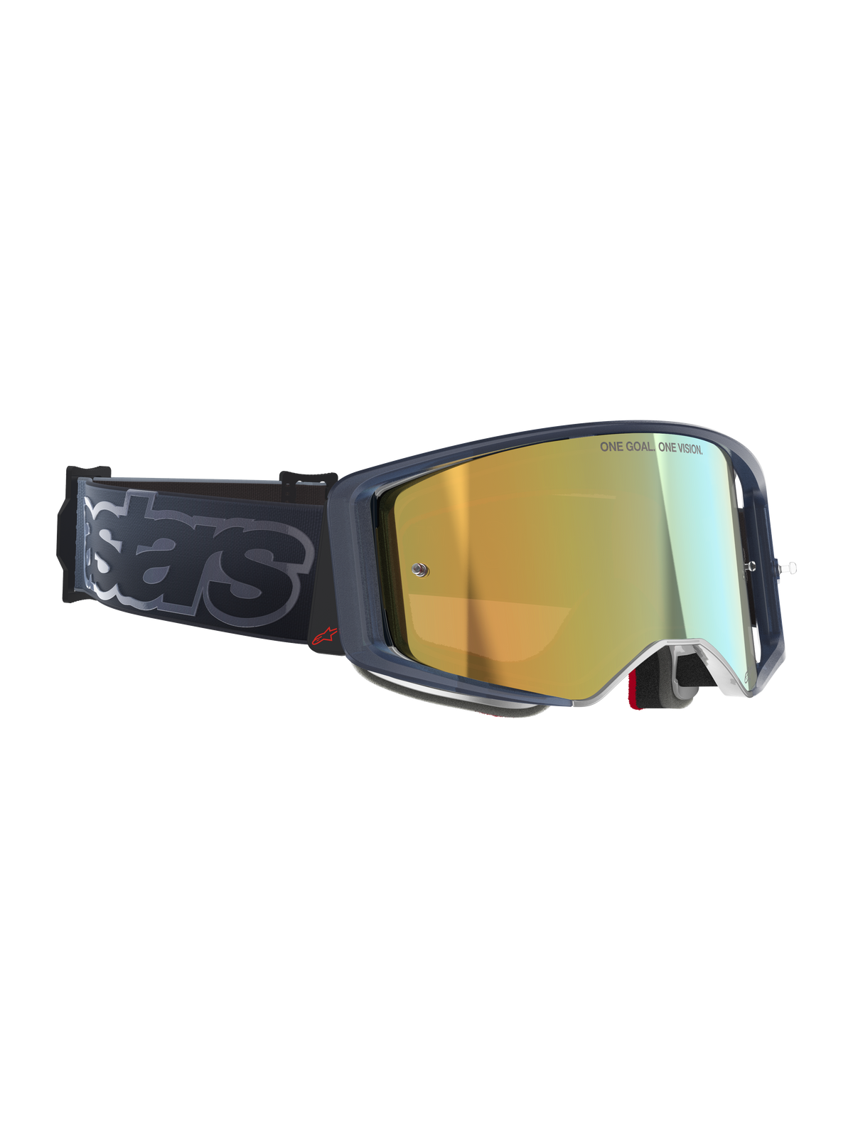 Alpinestars Supertech Vision Vista goggles, motocross-briller, Black Mirror Gold, guld spejlglas med 'ONE GOAL. ONE VISION.'-inskription, mørk ramme med rødt logo, bred sort rem med grå 'stars'-branding, elite performance off-road briller