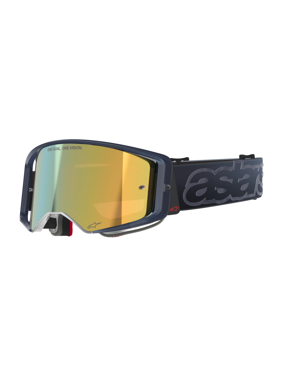 Alpinestars Supertech Vision Vista Goggles, motocrossbriller, Black Mirror Gold-farve, mørkt gennemsigtigt stel, guldspejllinse med "ONE GOAL. ONE VISION."-tekst, sort rem med stort præget gråt "astars"-logo