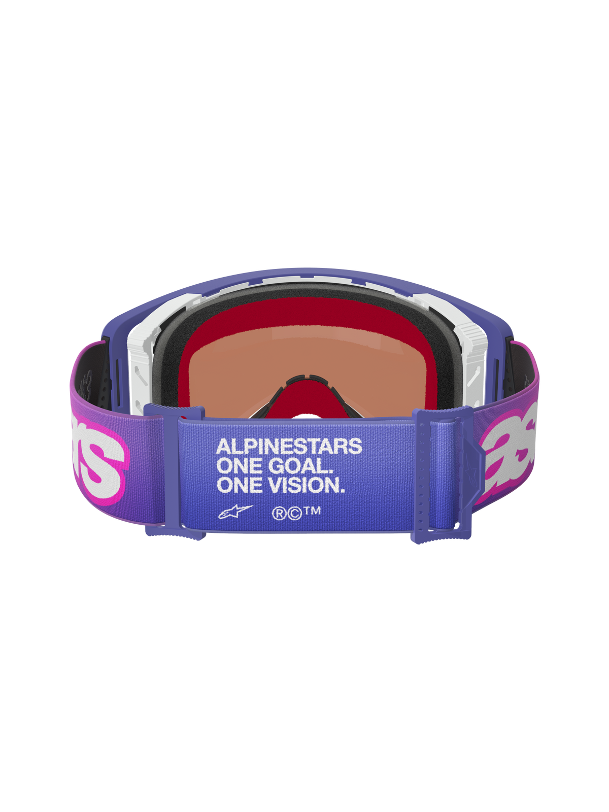 Alpinestars Supertech Vision Vista Goggles, Purple Fluo Pink Mirror Blue, set bagfra med elastisk rem med hvid "ALPINESTARS ONE GOAL. ONE VISION." tekst, lyserøde Astar-logoer, lilla stel med tyk skumpolstring, professionelle racerbriller til terrænkørsel