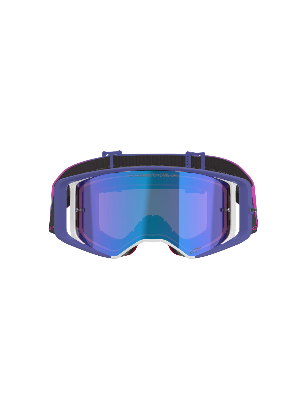 Alpinestars Supertech Vision Vista Goggles, motocrossbriller, lilla, fluorescerende pink og spejlblå, set forfra med en spejlblå tonet linse, lilla stel med hvide detaljer og en livlig pink og sort rem med Alpinestars-branding.