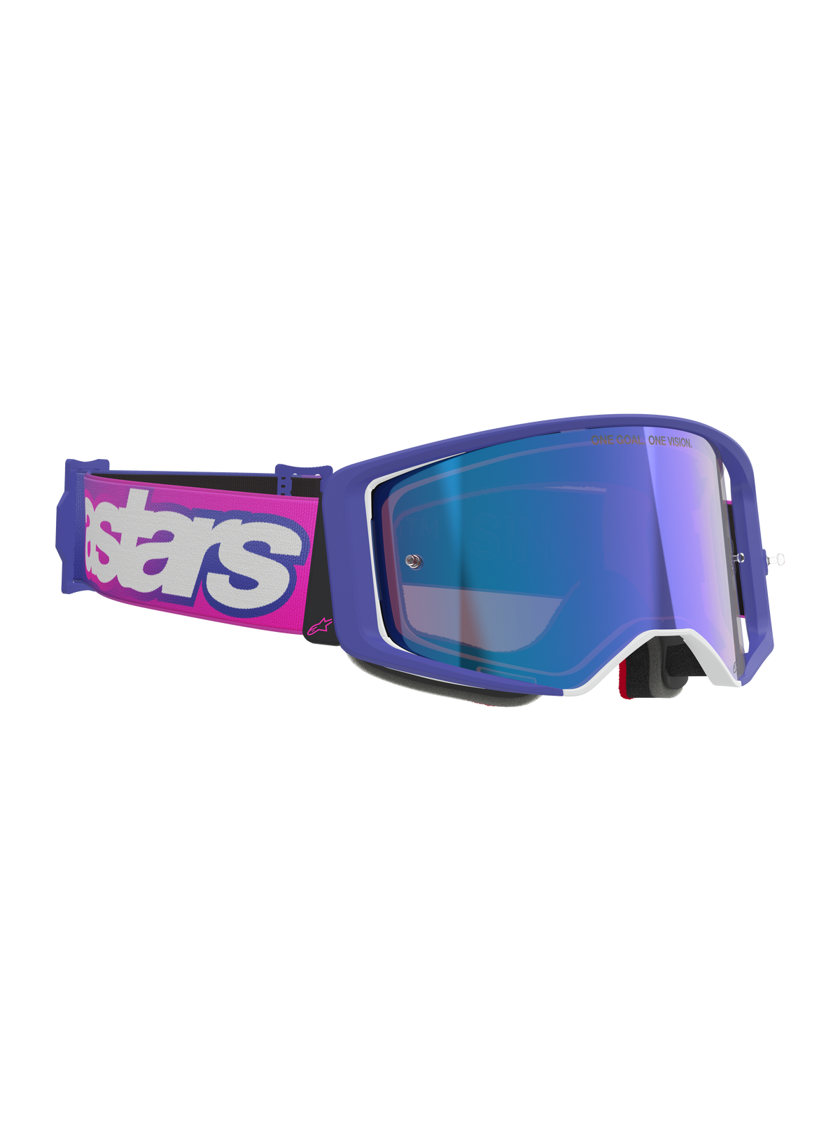 Alpinestars Supertech Vision Vista-briller, motocross-briller, lilla og fluorescerende lyserød ramme med Mirror Blue reflekterende linse, lyserød rem med tydelig hvid Alpinestars-branding, professionelt off-road øjenværn