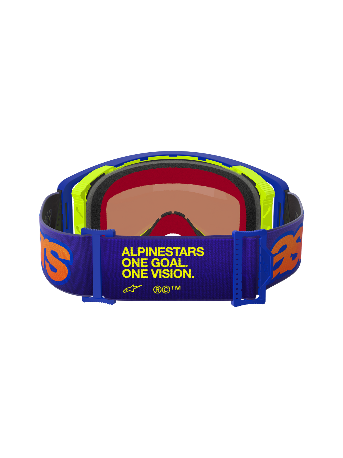 Alpinestars Supertech Vision Vista Goggles, set bagfra, lilla rem med gul "ONE GOAL. ONE VISION."-tekst og orange logoer, blå og neongul ramme, ansigtsskum i flere lag, Mirror Red-tonet linse, professionelle motocross-briller