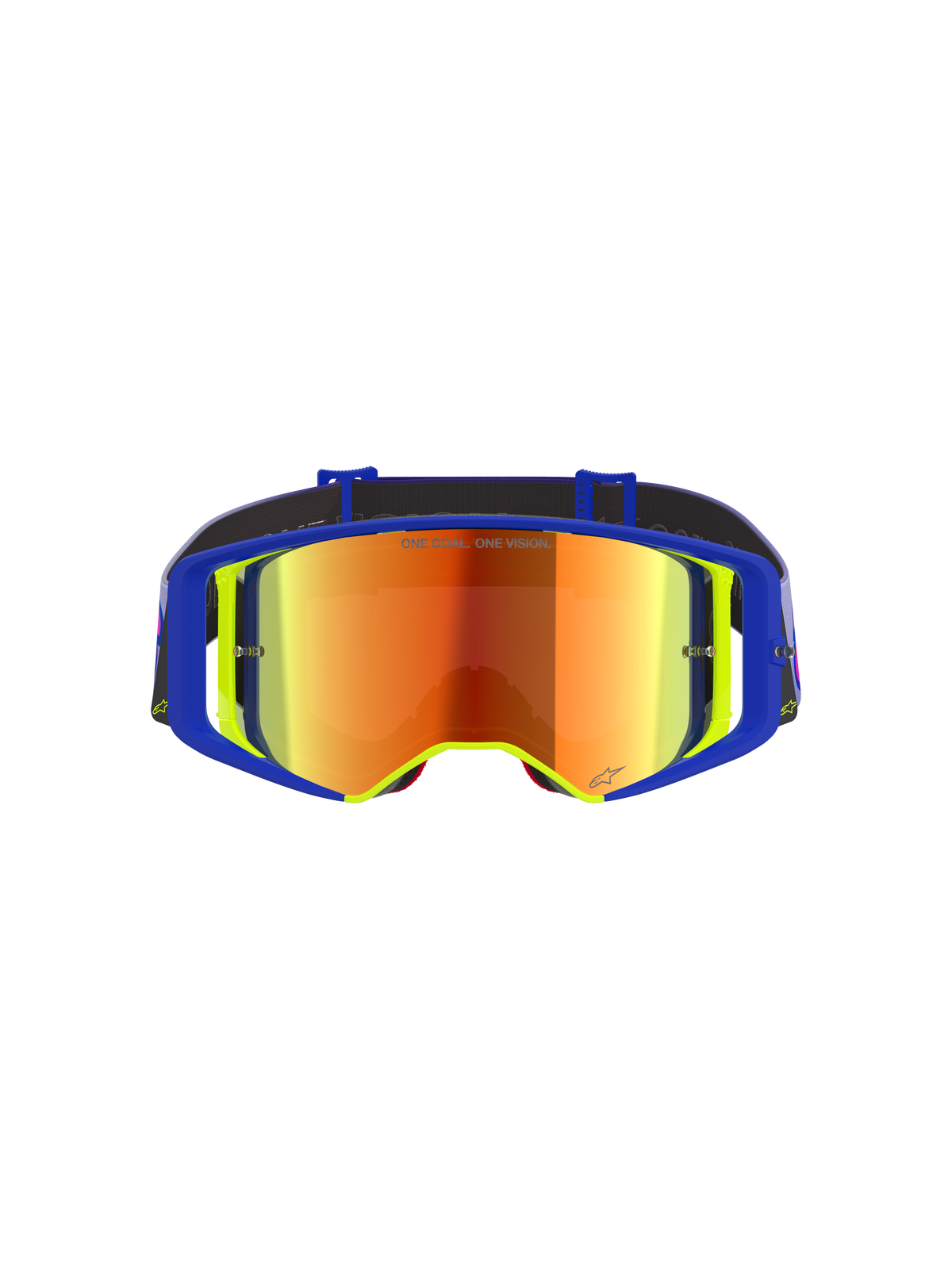 Alpinestars Supertech Vision Vista-goggles, motocross-briller, blå og gul ramme med Mirror Red-tonet linse, lilla og orange spejlinger, 'ONE GOAL. ONE VISION.' tekst på linsen, professionelle high-performance off-road-briller