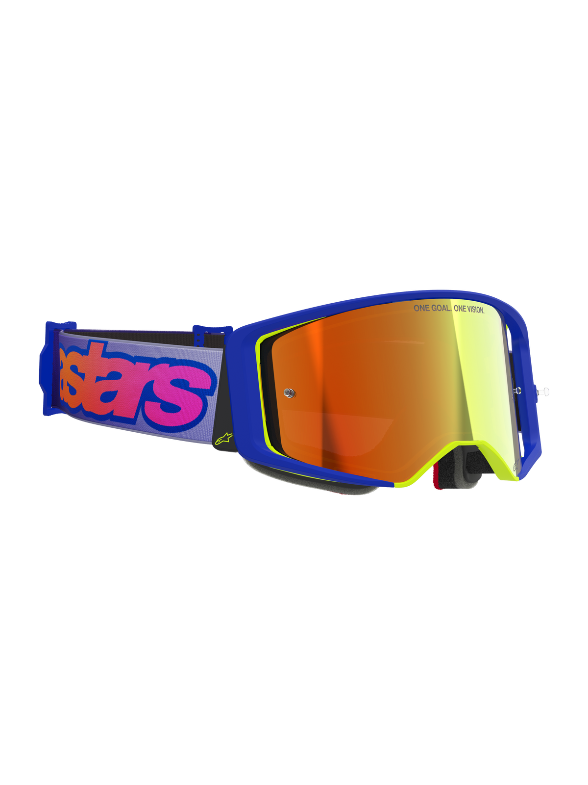 Alpinestars Supertech Vision Vista goggles, motocross-briller, blå og gul ramme med Mirror Red-tonet linse, lilla rem med markant pink Alpinestars-branding, professionelt eyewear til off-road racing