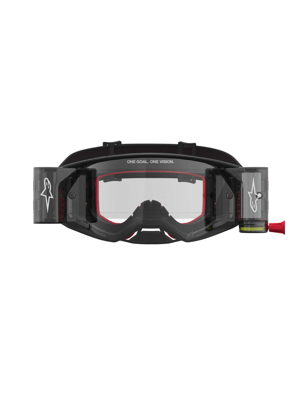 Alpinestars Supertech Firma Roll Off Goggles, professionelle motocrossgoggles, sort og sølv med røde detaljer og klar linse.