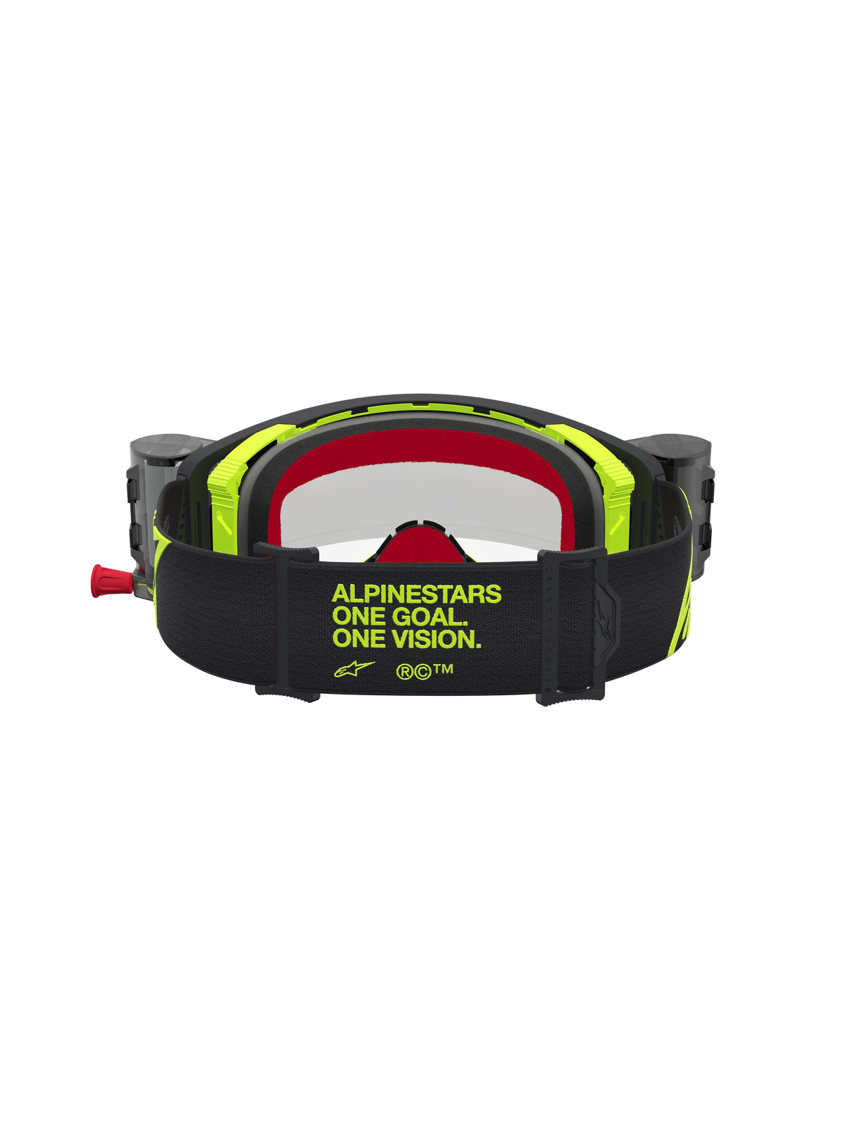 Alpinestars Supertech Firma Roll Off goggles, motocrossbriller, sort og gul fluo, set bagfra med bred rem og roll-off system