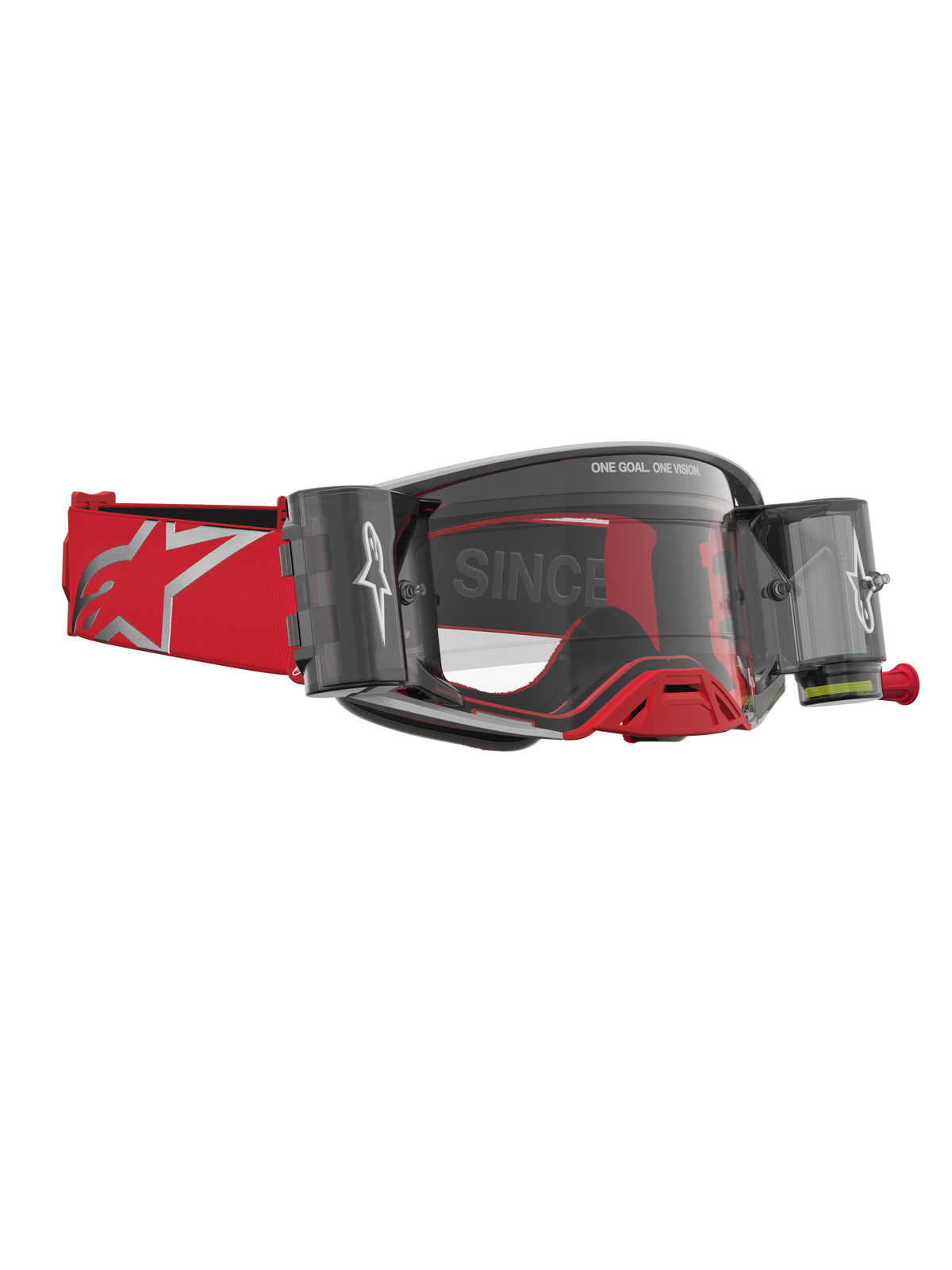 Alpinestars Supertech Firma Roll Off Goggles, rød og sølv motocrossbriller med roll-off system og klar linse.