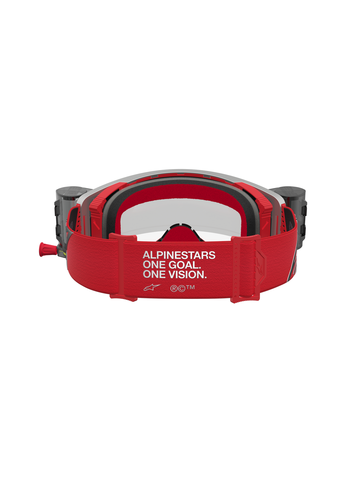 Alpinestars Supertech Firma roll-off goggles, rød og sølv motocrossbriller med bred logostrop til off-road kørsel.