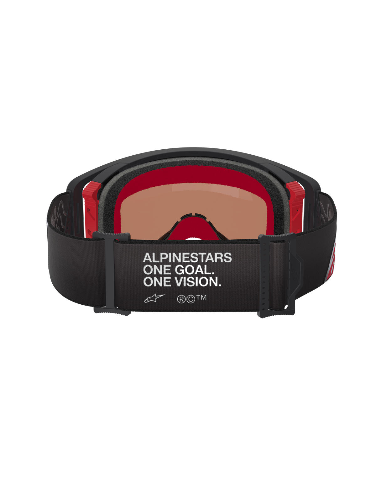 Alpinestars Supertech Corp Goggles Absolute Vision, set bagfra, sort og rød, med hvid 'ALPINESTARS ONE GOAL. ONE VISION.' tekst på en bred sort rem, røde indvendige rammedetaljer, professionelle motocross-briller