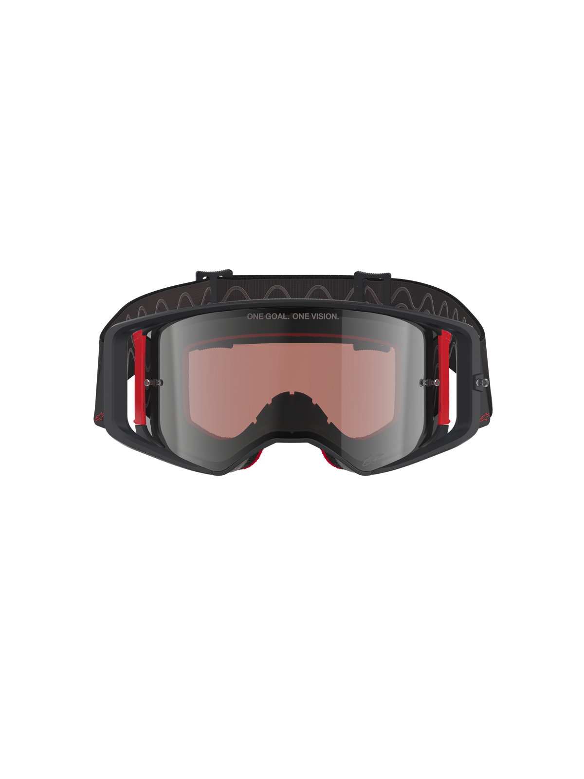 Alpinestars Supertech Corp Goggles Absolute Vision, motocross-briller, sort og rød ramme med Mirror Silver-linse, med 'ONE GOAL. ONE VISION.' tekst på den øverste ramme og røde sideaccenter, professionel øjenbeskyttelse til motocross