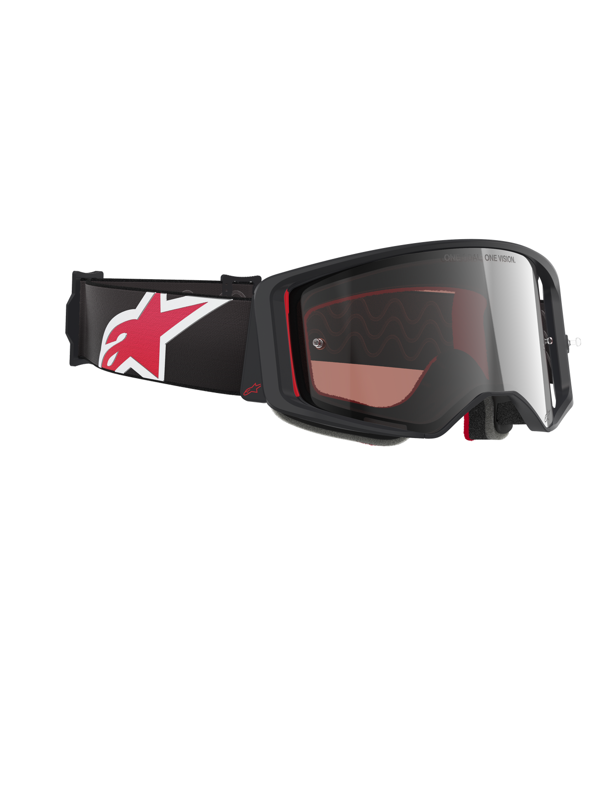 Alpinestars Supertech Corp Goggles Absolute Vision, motocross-briller, sort og rød med Mirror Silver-linse, vinklet profil der viser sort rem med stort rødt og hvidt stjernelogo, strømlinet rammedesign til off-road ydeevne