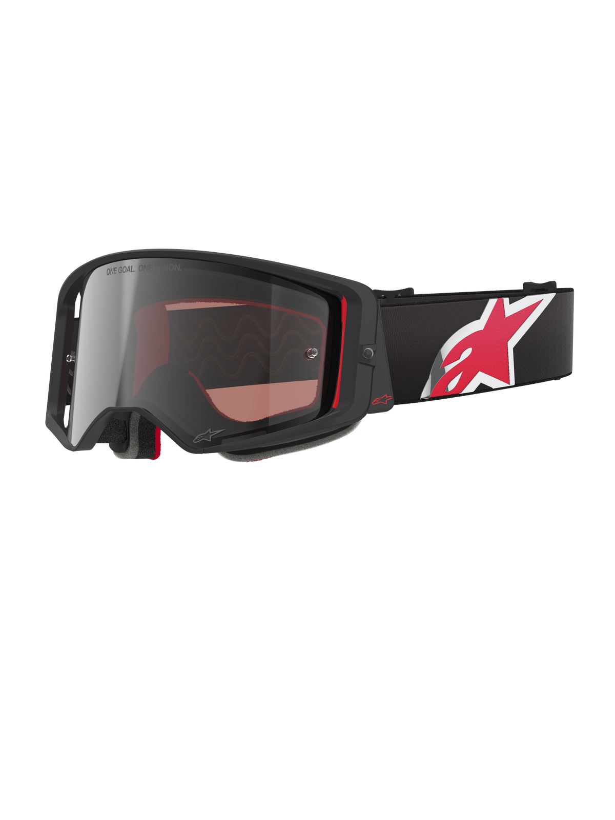 Alpinestars Supertech Corp Goggles Absolute Vision, motocross-briller, sort og rød med Mirror Silver-linse, med "ONE GOAL. ONE VISION." branding, sort rem med stort rød og hvid stjerne-logo, vinklet rammedesign med skumpolstring, premium off-road øjenbeskyttelse
