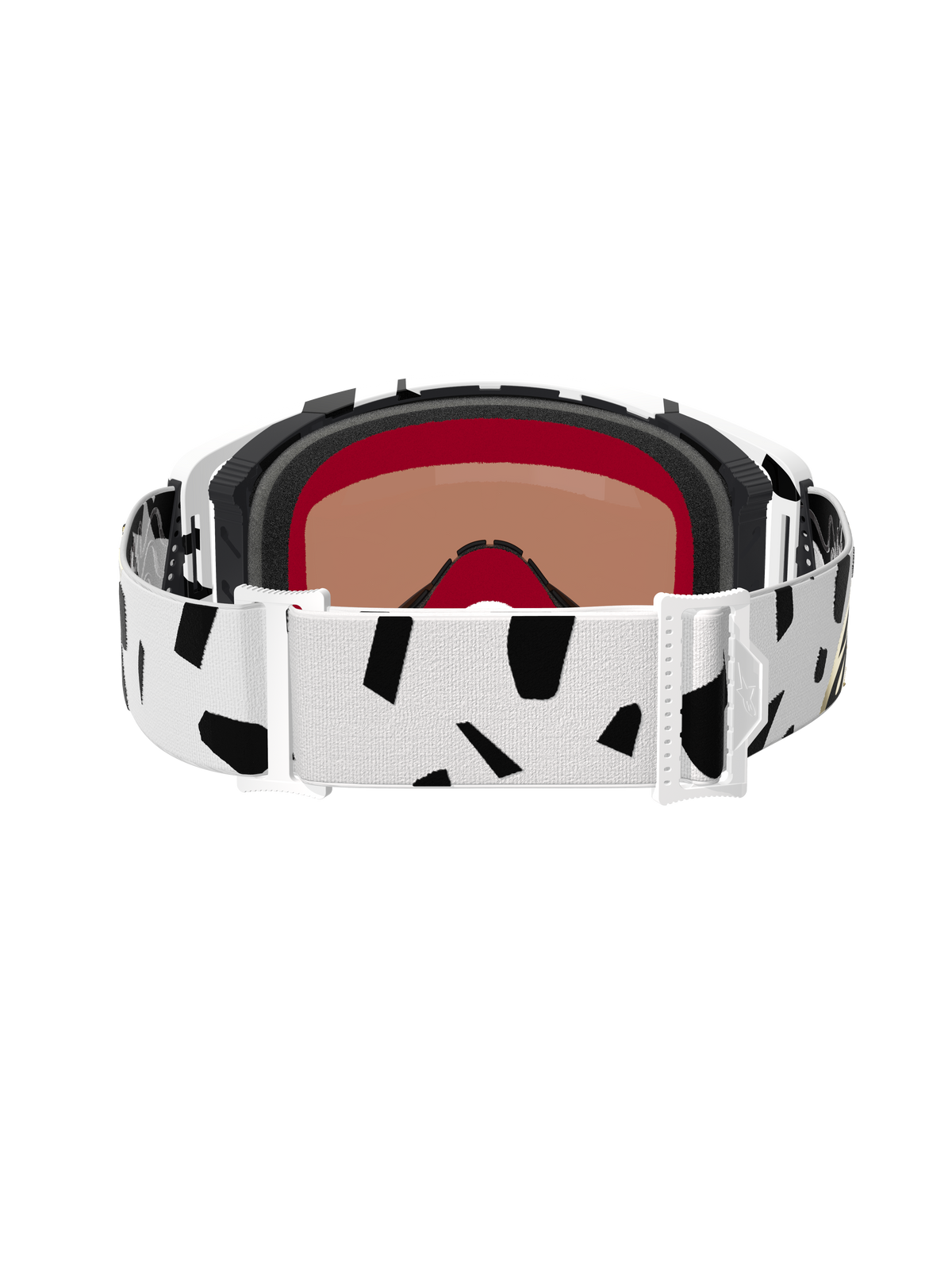 Set bagfra af Alpinestars Supertech Corp Goggles Absolute Vision, White Gold Mirror Gold, med en hvid rem med sorte abstrakte mønstre, hvide justeringsspænder og flerlags ansigtsskum til motocross og terrænkørsel.
