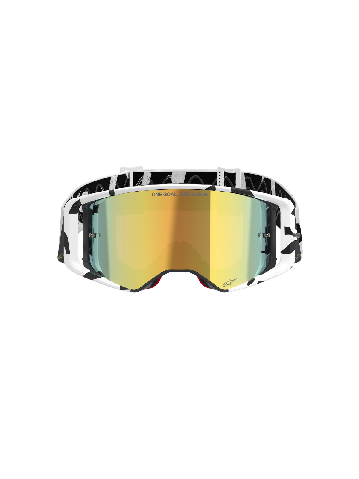 Alpinestars Supertech Corp Goggles Absolute Vision, motocrossbriller, hvid og guld spejleffekt, med sort og hvid grafisk ramme og rem, guld spejl-linse med 'ONE GOAL. ONE VISION.' tekst, højtydende off-road briller