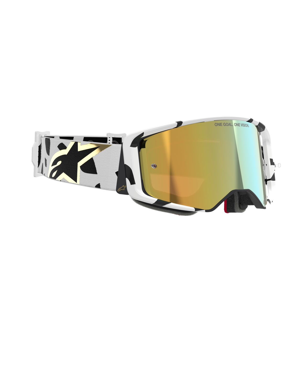 Alpinestars Supertech Corp Goggles Absolute Vision, motocross-briller, hvid ramme med sorte grafiske mønstre, Gold Mirror-linse, hvid og sort rem med guld Alpinestars-logo, højtydende beskyttelsesbriller til racing