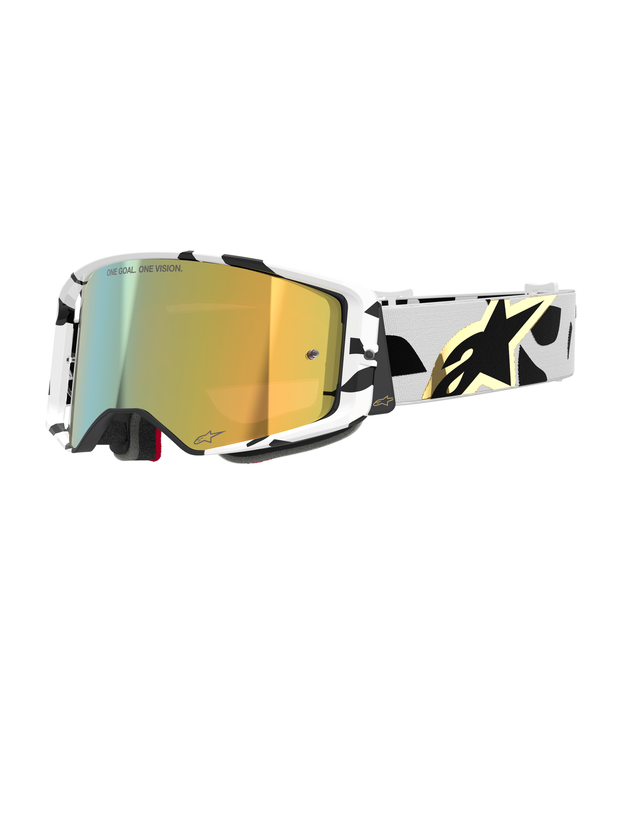 Alpinestars Supertech Corp Goggles Absolute Vision, motocross-briller, hvid og sort mønstret ramme med guld spejl-linse, bred rem med sort abstrakt design og guld Alpinestars-logo, "ONE GOAL. ONE VISION."-branding på linsen, højtydende racingudstyr.