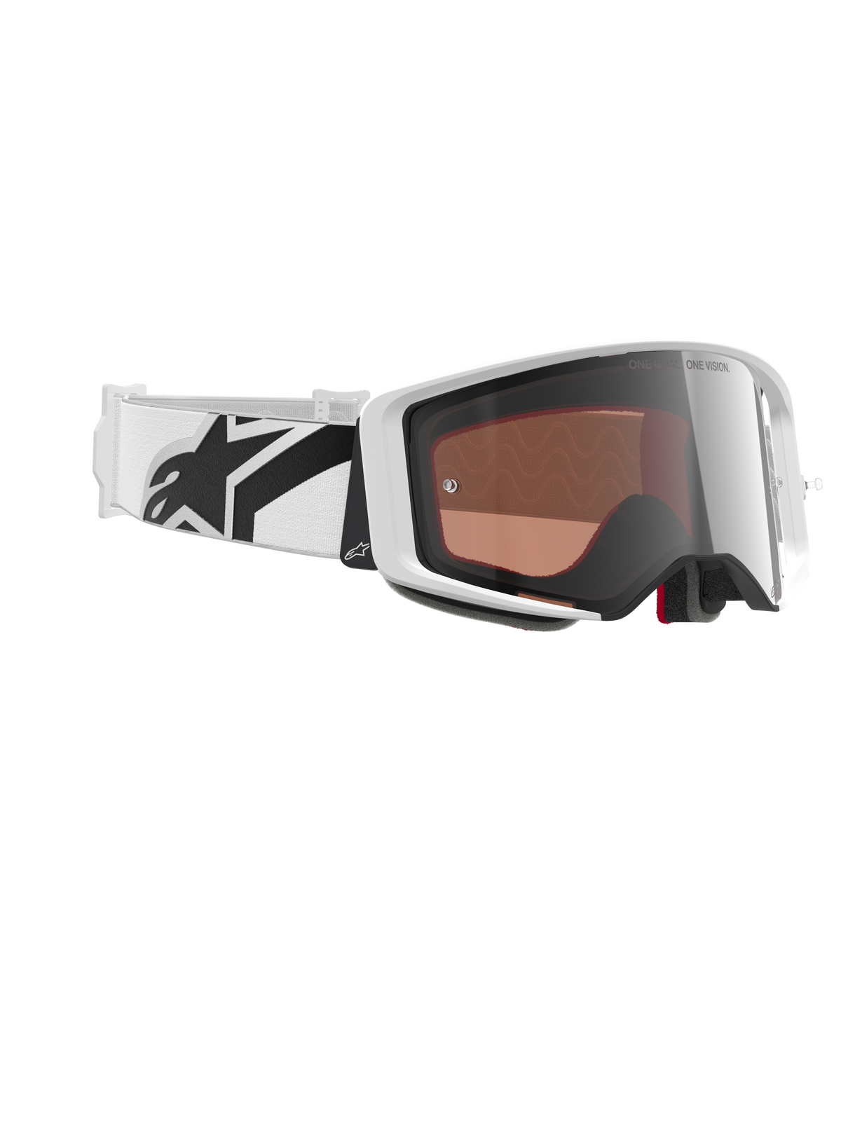 Alpinestars Supertech Corp Goggles Absolute Vision, Motocross Goggles, White and Mirror Silver, featuring a white frame with a reflective silver lens, wide white adjustable strap with bold black star logo, professional off-road racing eyewear