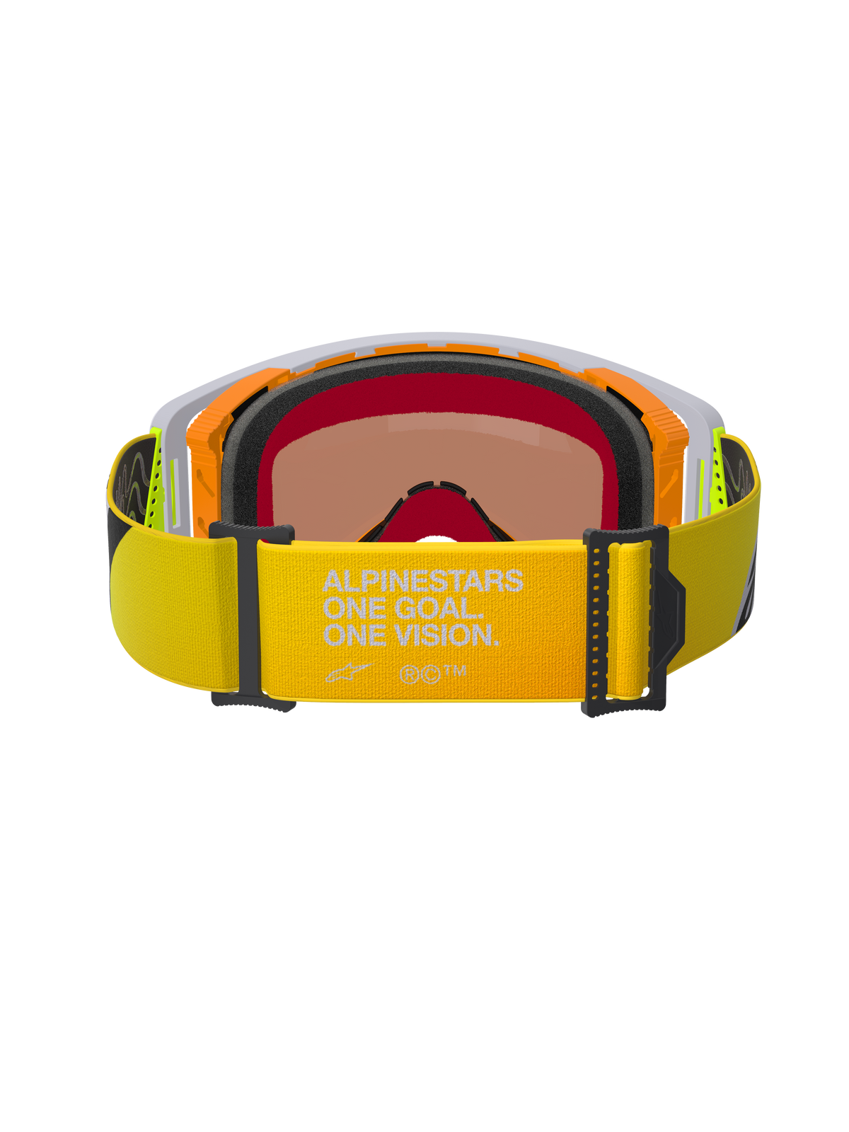 Alpinestars Supertech Corp Goggles Absolute Vision, set bagfra, gul fluo-rem med "ALPINESTARS ONE GOAL. ONE VISION." tekst, orange og grå ramme med flerlags sort ansigtsskum, varmtonet spejllinse, high-performance motocross-briller