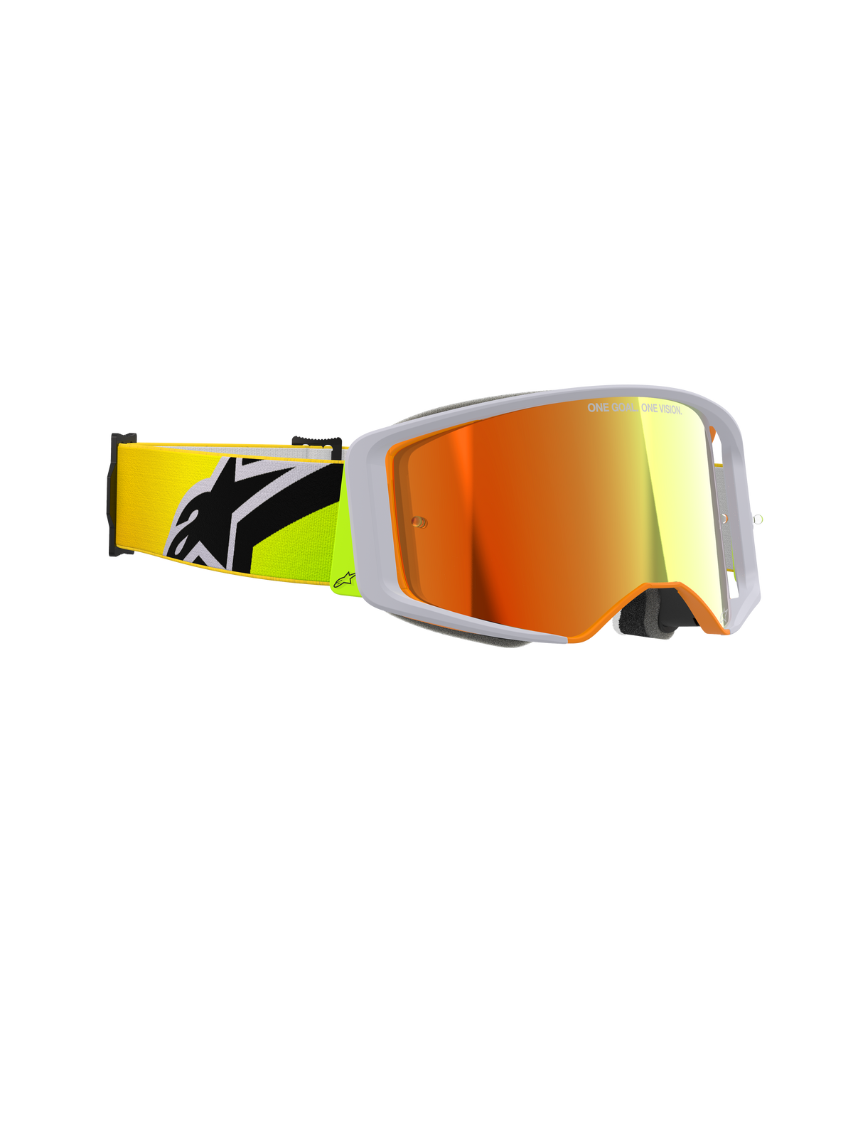 Alpinestars Supertech Corp Goggles Absolute Vision, motocross-briller, gul fluo og grå, rød spejllinse, set fra siden med bredt perifert syn og en fluorgul rem med et markant sort Alpinestars-logo, professionelt off-road-racerudstyr