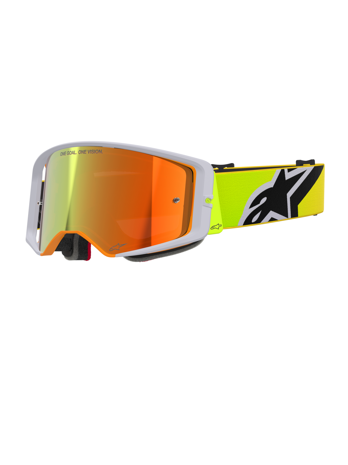 Alpinestars Supertech Corp Goggles Absolute Vision, motocross-briller, fluorescerende gul og grå, rød spejllinse med 'One Goal. One Vision.' tekst, fluorescerende gul rem med markant sort og hvidt Alpinestars-logo, højtydende off-road briller