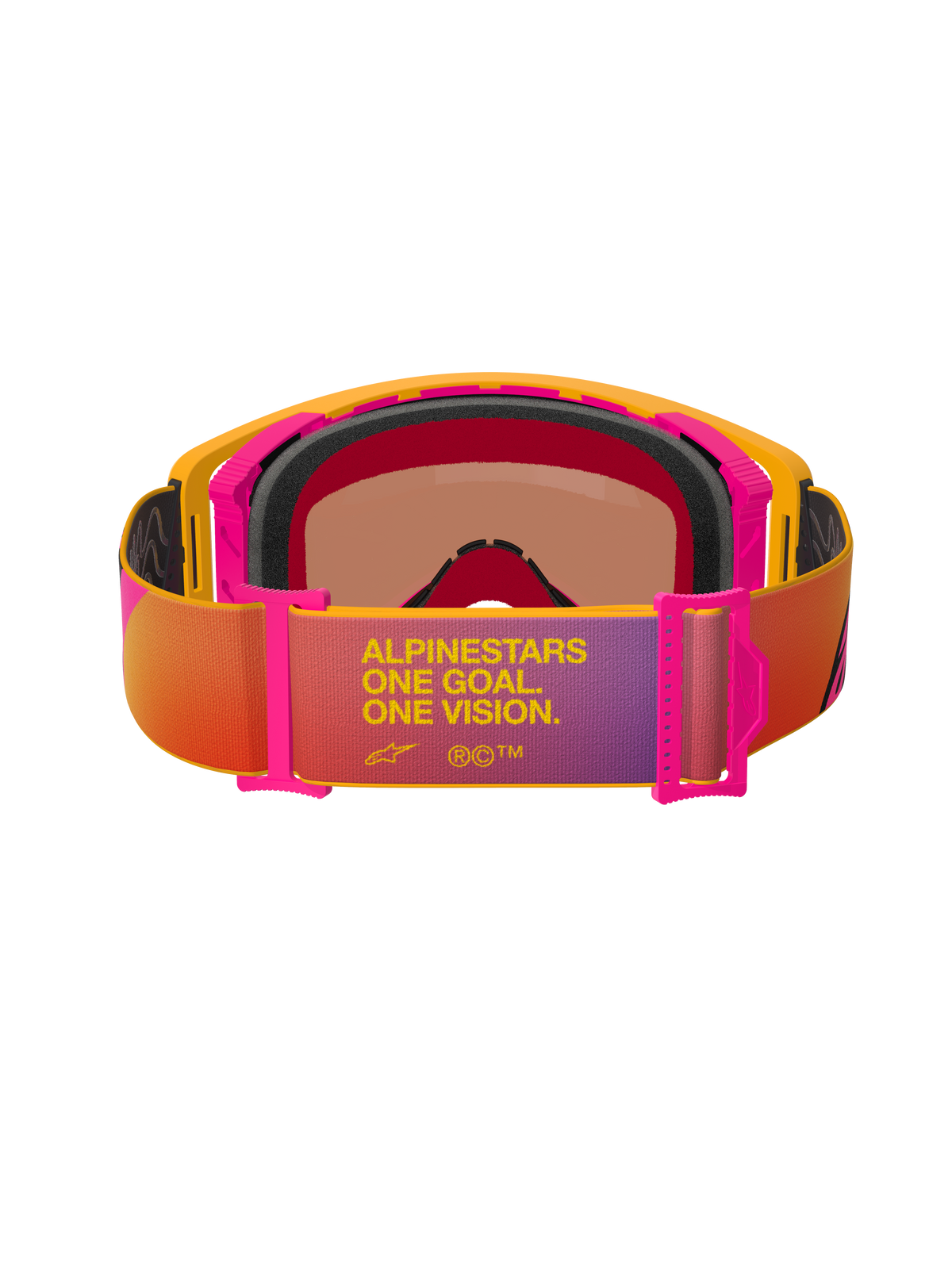 Alpinestars Supertech Corp Goggles Absolute Vision, motocross-briller, gul og lyserød ramme med flerfarvet rem med graduering, set bagfra med sort flerlags ansigtsskum og 'ALPINESTARS ONE GOAL. ONE VISION.' tekst, højtydende off-road øjenbeskyttelse