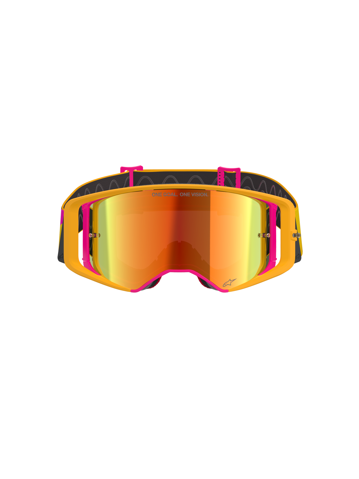 Alpinestars Supertech Corp Goggles Absolute Vision, motocross-briller, gul og lyserød ramme med rød spejllinse, set forfra, med 'ONE GOAL. ONE VISION.' tekst på linsen, justerbar sort rem med silikonegreb