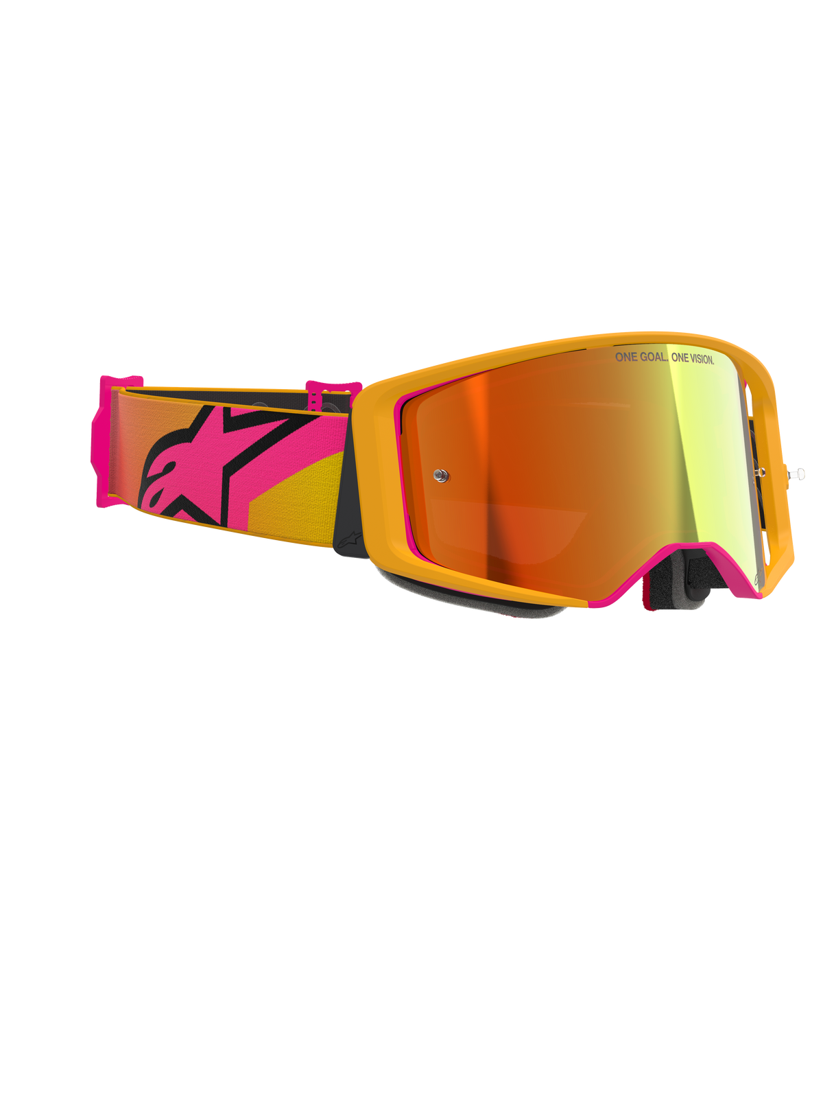 Alpinestars Supertech Corp Goggles Absolute Vision, motocrossbriller, gul med pink detaljer og Mirror Red-linse, med en bred pink og gul rem med et stort Alpinestars-logo, 'ONE GOAL. ONE VISION.' trykt på linsen, højtydende racing-briller til off-road brug