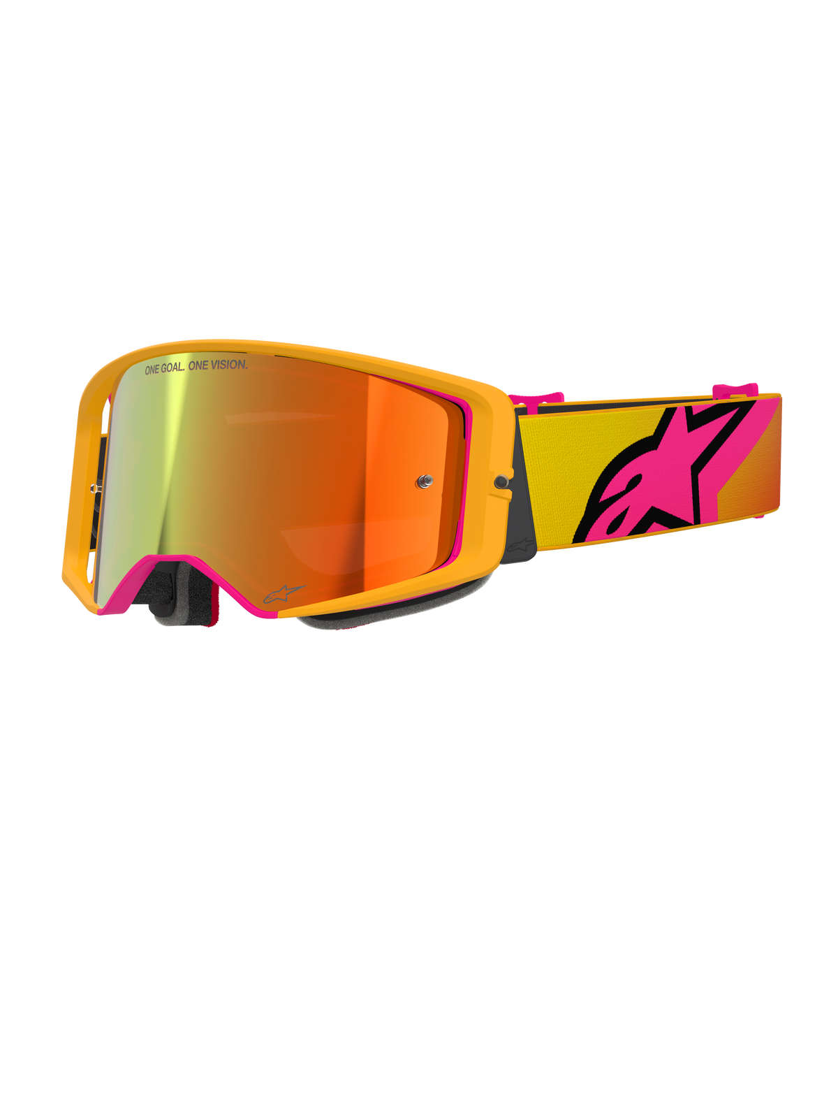 Alpinestars Supertech Corp Goggles Absolute Vision, motocross-briller, gul og pink med rød spejllinse, klart gult stel, spejllinse med orange og røde reflekser, gul rem med stort pink Alpinestars-stjernelogo, professionelle briller til off-road racing