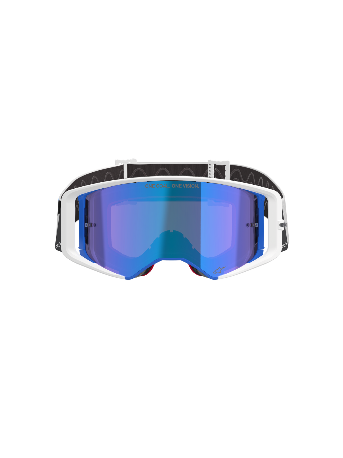 Alpinestars Supertech Corp Goggles Absolute Vision, motocross-briller, hvidt og blåt stel med blå spejllinse, med 'ONE GOAL. ONE VISION.' tekst på linsen, sort og hvid justerbar rem, højtydende briller til off-road racing
