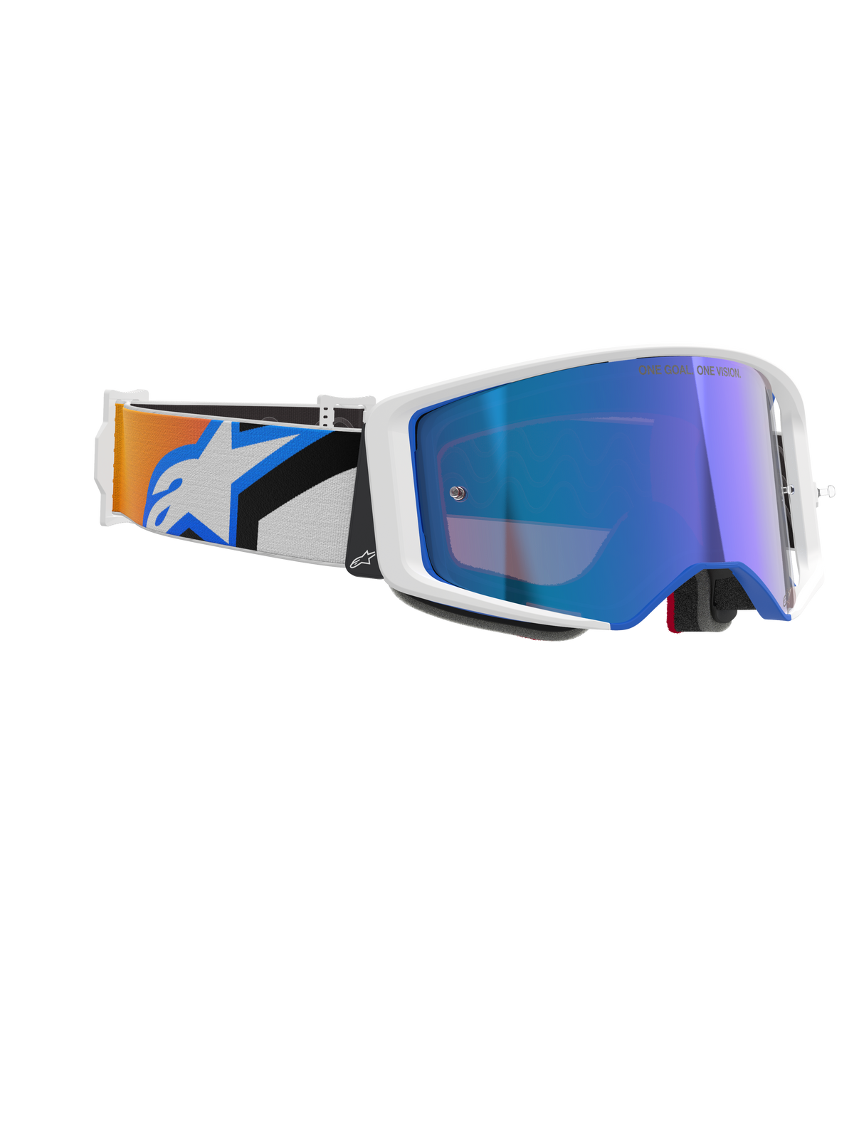 Alpinestars Supertech Corp Goggles Absolute Vision, motocrossbriller, hvidt stel med blå spejllinse, justerbar rem med blåt og orange grafisk design og Alpinestars-logo, professionelle briller til off-road racing