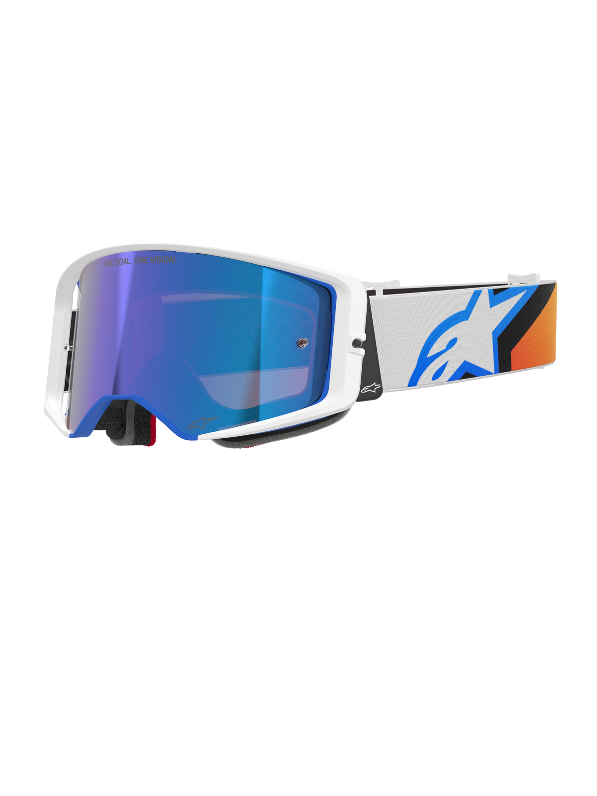 Alpinestars Supertech Corp Absolute Vision-briller, motocross-briller, blå og orange med Mirror Blue-linse, hvidt og blåt stel, bred hvid rem med et markant blåt stjerne-logo og orange detaljer, højtydende øjenbeskyttelse til terrænkørsel