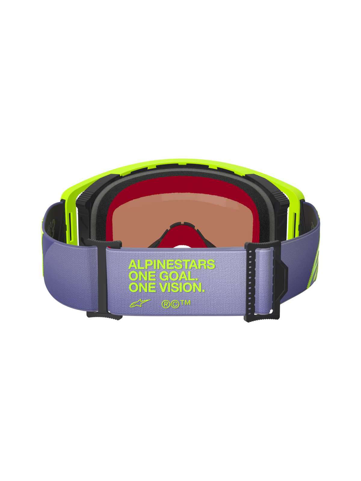 Alpinestars Supertech Vision Corp Goggles, set bagfra, lys lilla rem med neongul 'ALPINESTARS ONE GOAL. ONE VISION.' tekst, neongul ramme, flerlags sort ansigtsskum og tonet linse til motocross og off-road racing