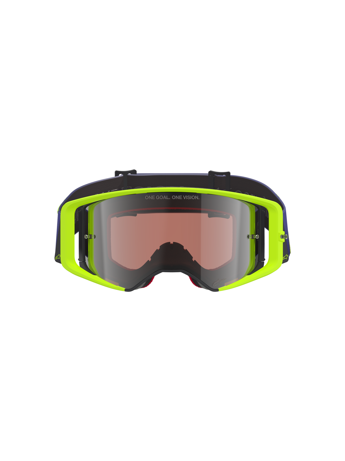 Alpinestars Supertech Vision Corp briller, motocrossbriller, fluorescerende gul ramme med lilla rem, Mirror Silver-tonet linse med 'ONE GOAL. ONE VISION.' tekst, højtydende øjenbeskyttelse til off-road racing
