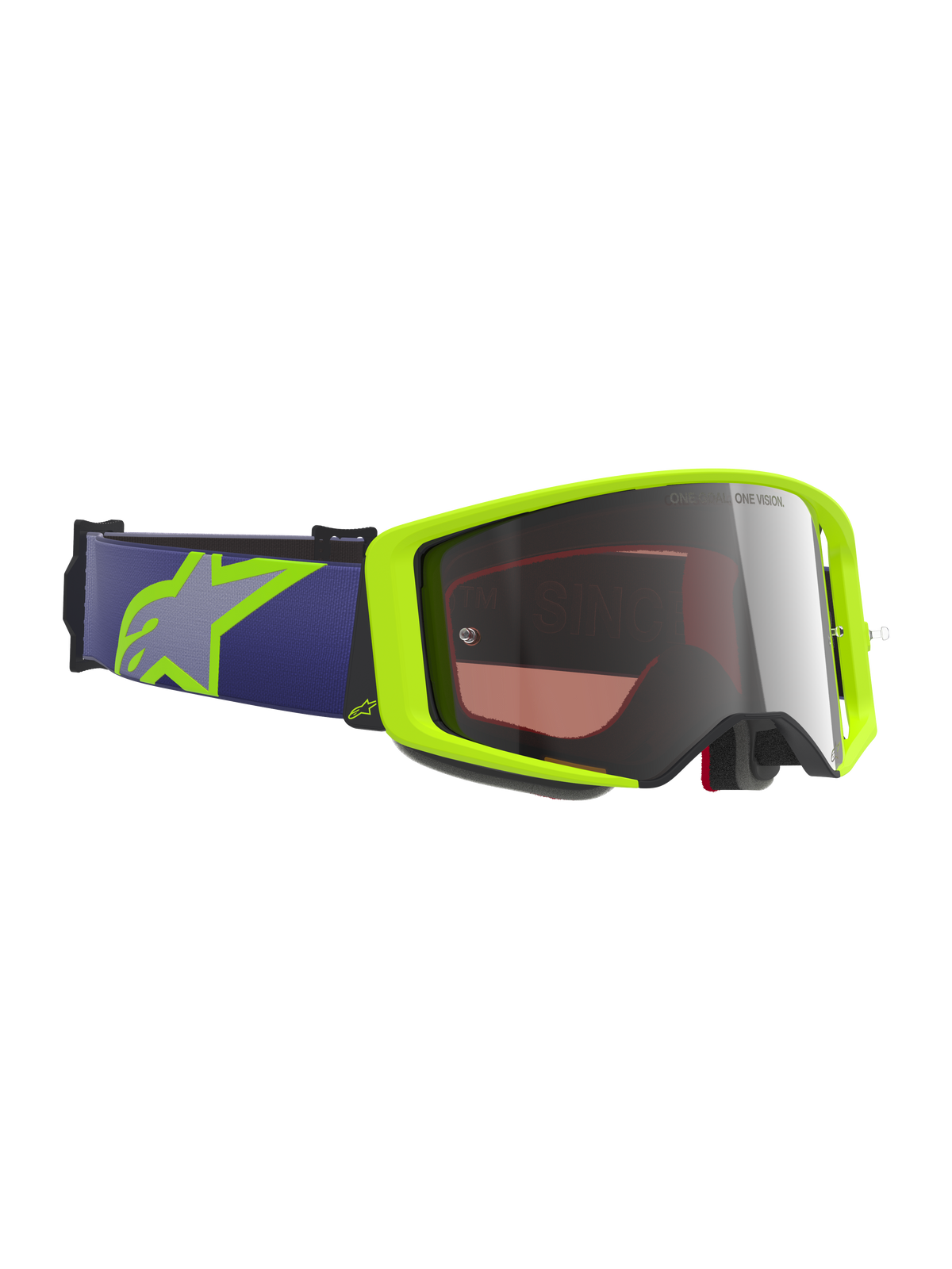 Alpinestars Supertech Vision Corp-briller, motocross-briller, fluorescerende gul og lilla, Mirror Silver-linse, lilla elastisk rem med limegult Astars-logo, specialiseret øjenbeskyttelse til off-road og dirt bike-racing