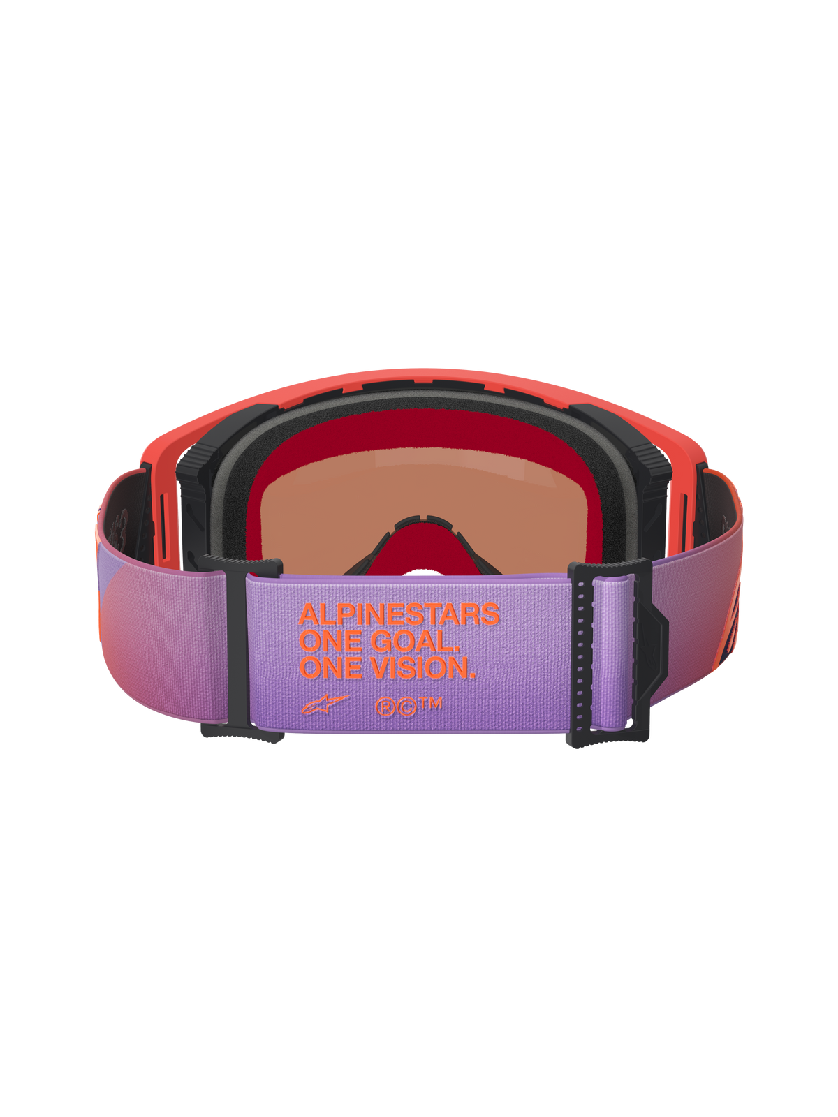 Alpinestars Supertech Vision Corp goggles, motocrossbriller, set bagfra med en lilla justerbar rem med orange 'ALPINESTARS ONE GOAL ONE VISION' branding, hot coral-farvet ramme med sort skum, højtydende briller til off-road racing