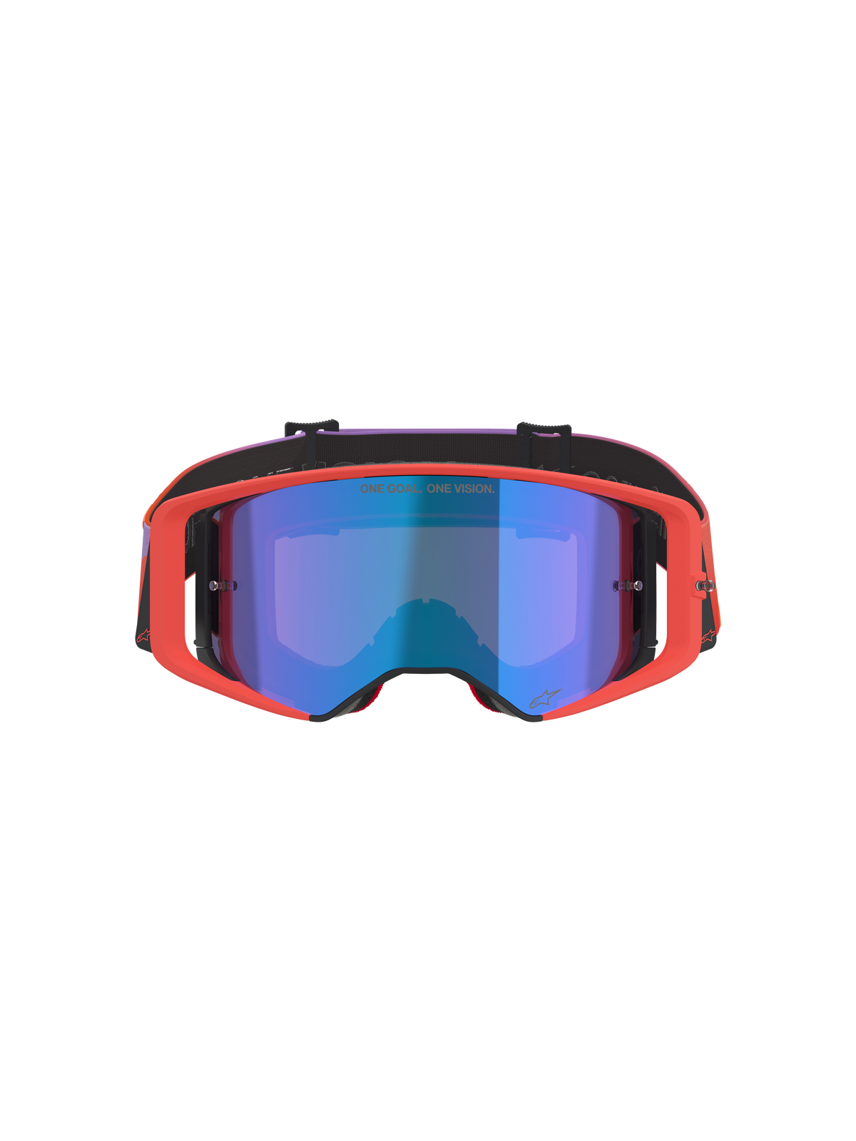 Alpinestars Supertech Vision Corp-briller, motocross-briller, Hot Coral-ramme med Mirror Blue-tonet linse, lilla og orange gradient-rem, med teksten 'ONE GOAL. ONE VISION.', højtydende øjenbeskyttelse til off-road racing