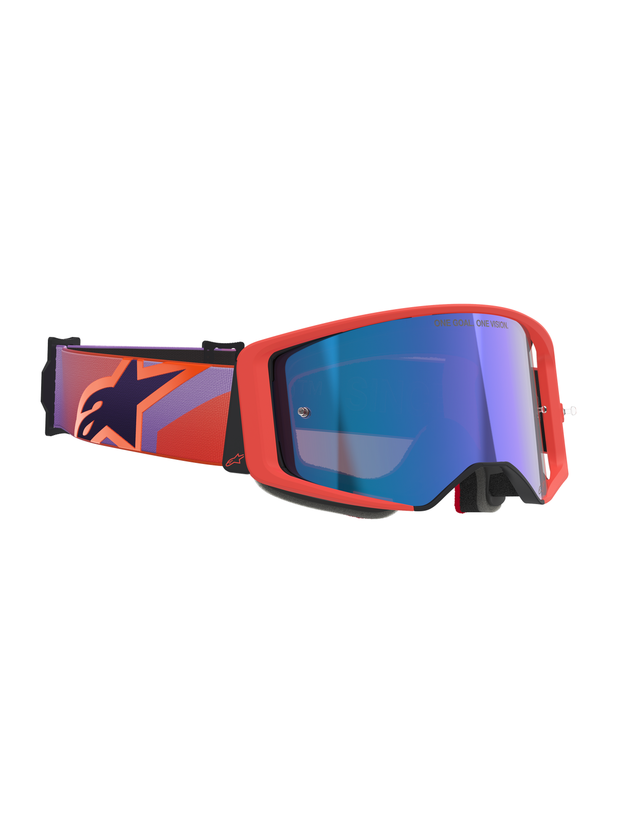 Alpinestars Supertech Vision Corp Goggles, motocross-briller, Hot Coral-stel og Mirror Blue-linse, lilla- og koralmønstret rem med mørkeblåt stjernelogo, mesterskabsafprøvet design til off-road kørsel