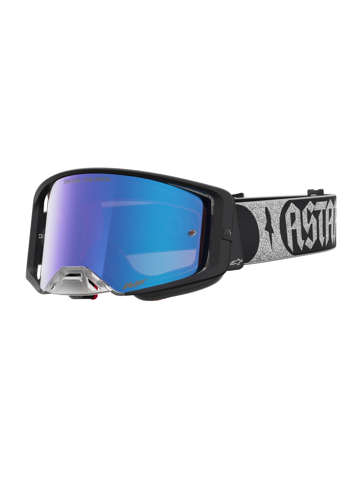 Alpinestars Supertech Atrox goggles, professionelle motocrossbriller til terrænkørsel, sort ramme og blå spejllinse med krystalklart udsyn, CE-godkendt off-road racerudstyr