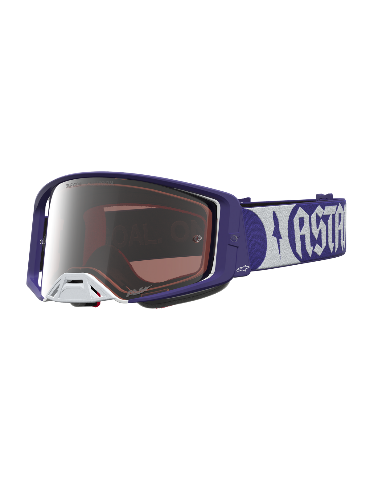 Alpinestars Supertech Atrox goggles, motocross racingbriller i mørkeblå og hvid med sølvfarvet spejllinse