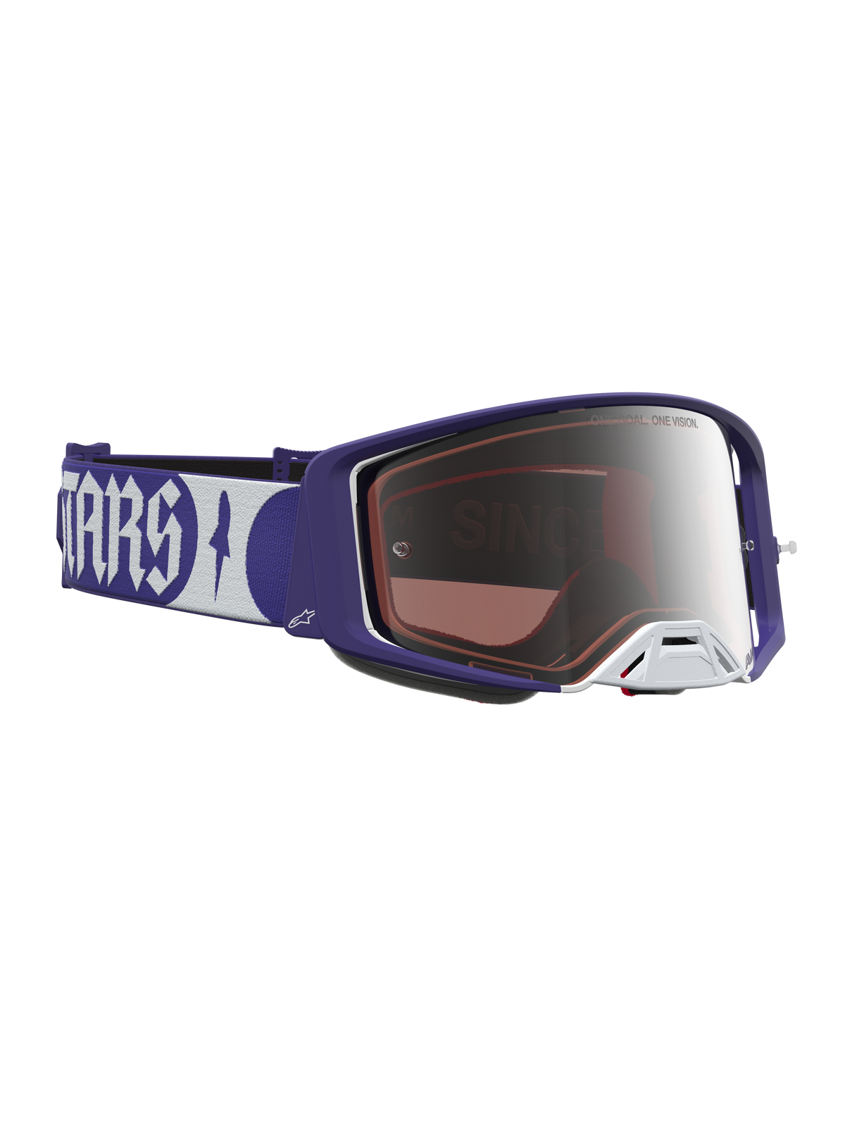 Alpinestars Supertech Atrox Goggles, motocross-racerbriller i mørkeblå og hvid med spejlsølv-linse.