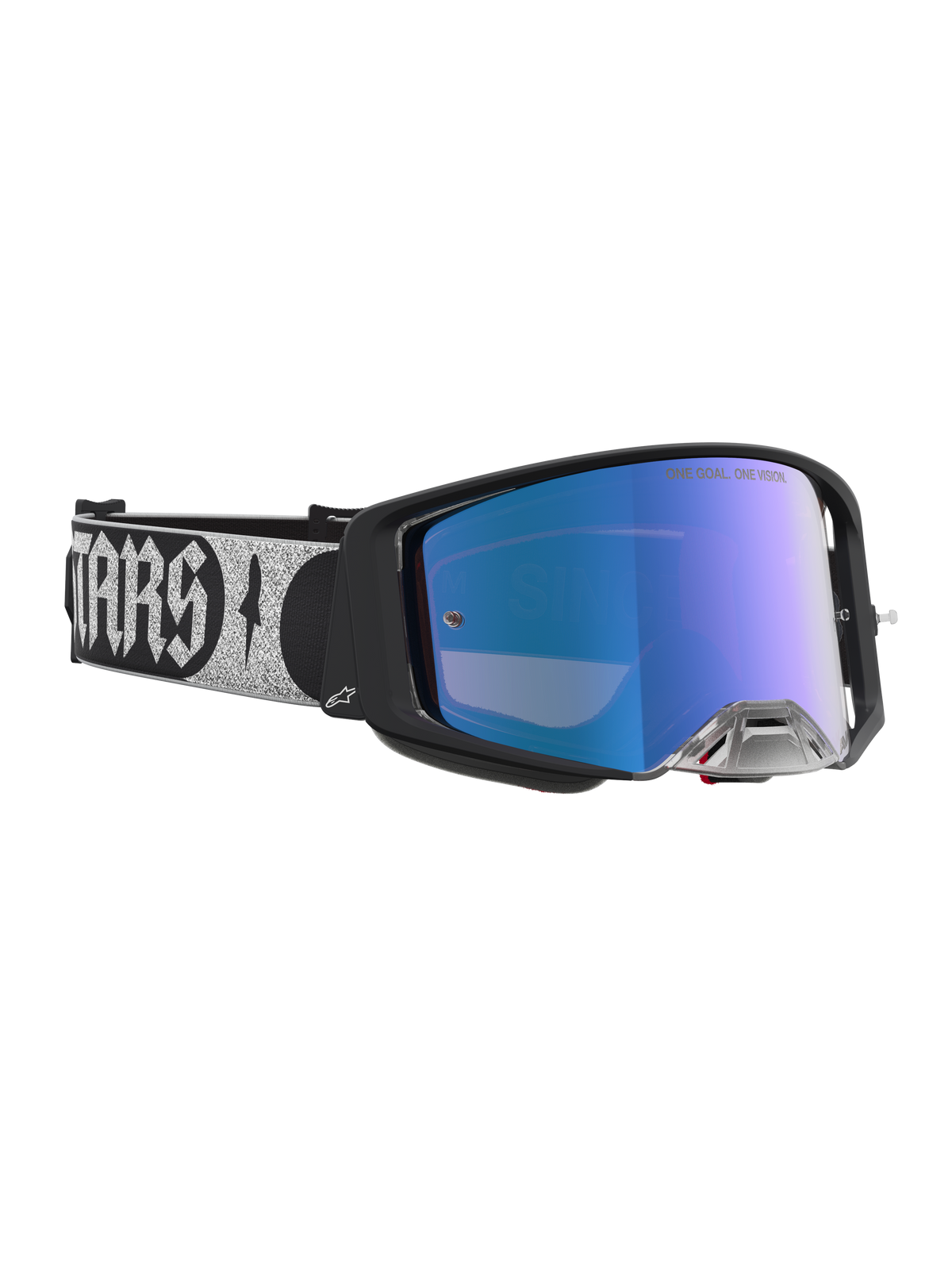 Alpinestars Supertech Atrox motocross-goggles med sort ramme, blå spejllinse og bred sølvfarvet logo-strop.