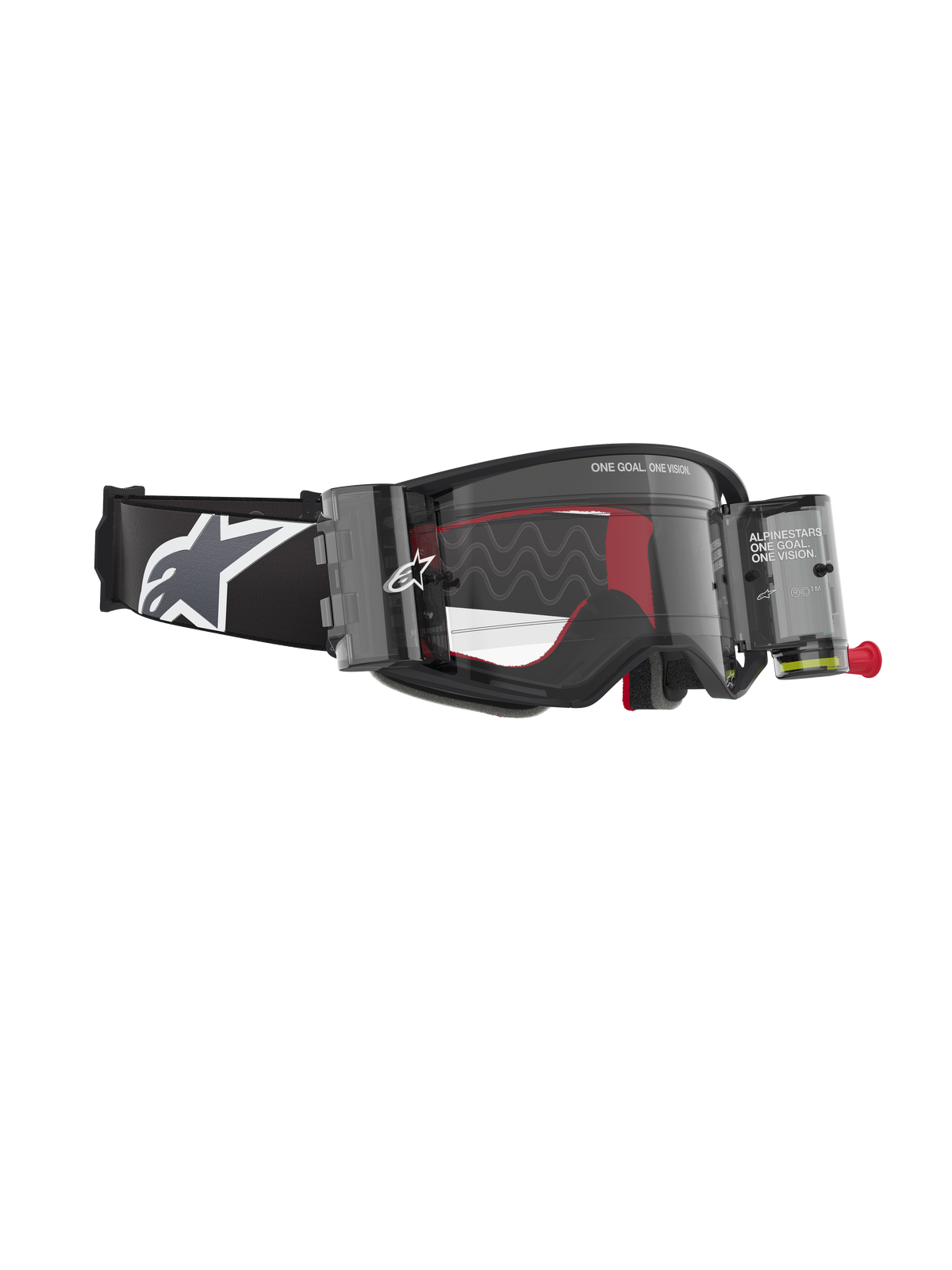 Alpinestars Supertech Corp Goggles Roll Off, sort og grå, motocross-briller med Wide Vision Roll-Off-system og gennemsigtige beholdere, klar linse med silikone-glidelinjer og en bred sort rem med hvidt Astars-logo, designet til professionel motocross og off-road racing.