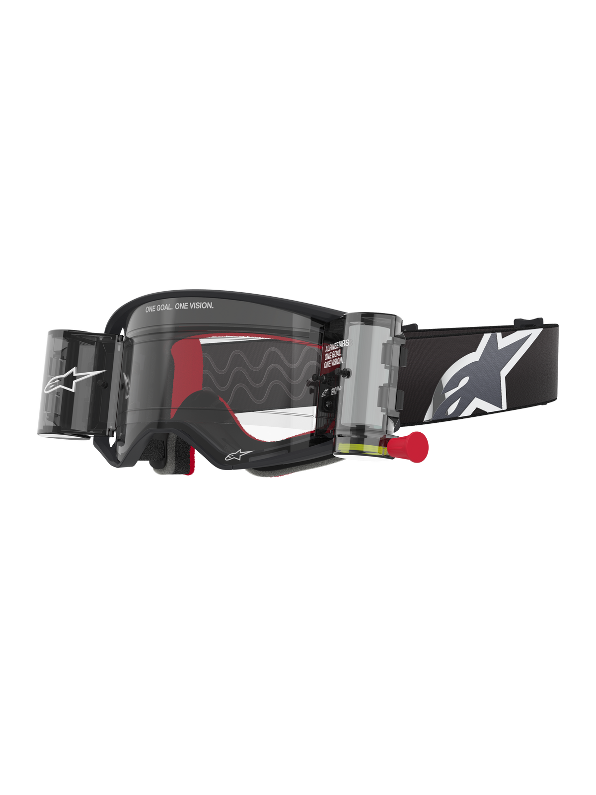 Alpinestars Supertech Corp Goggles Roll Off, sort ramme med klar linse, Wide Vision Roll-Off-system og rød trækknap, sort rem med et stort gråt og hvidt Alpinestars-logo, tekniske motocrossbriller med 'One Goal. One Vision.'-branding
