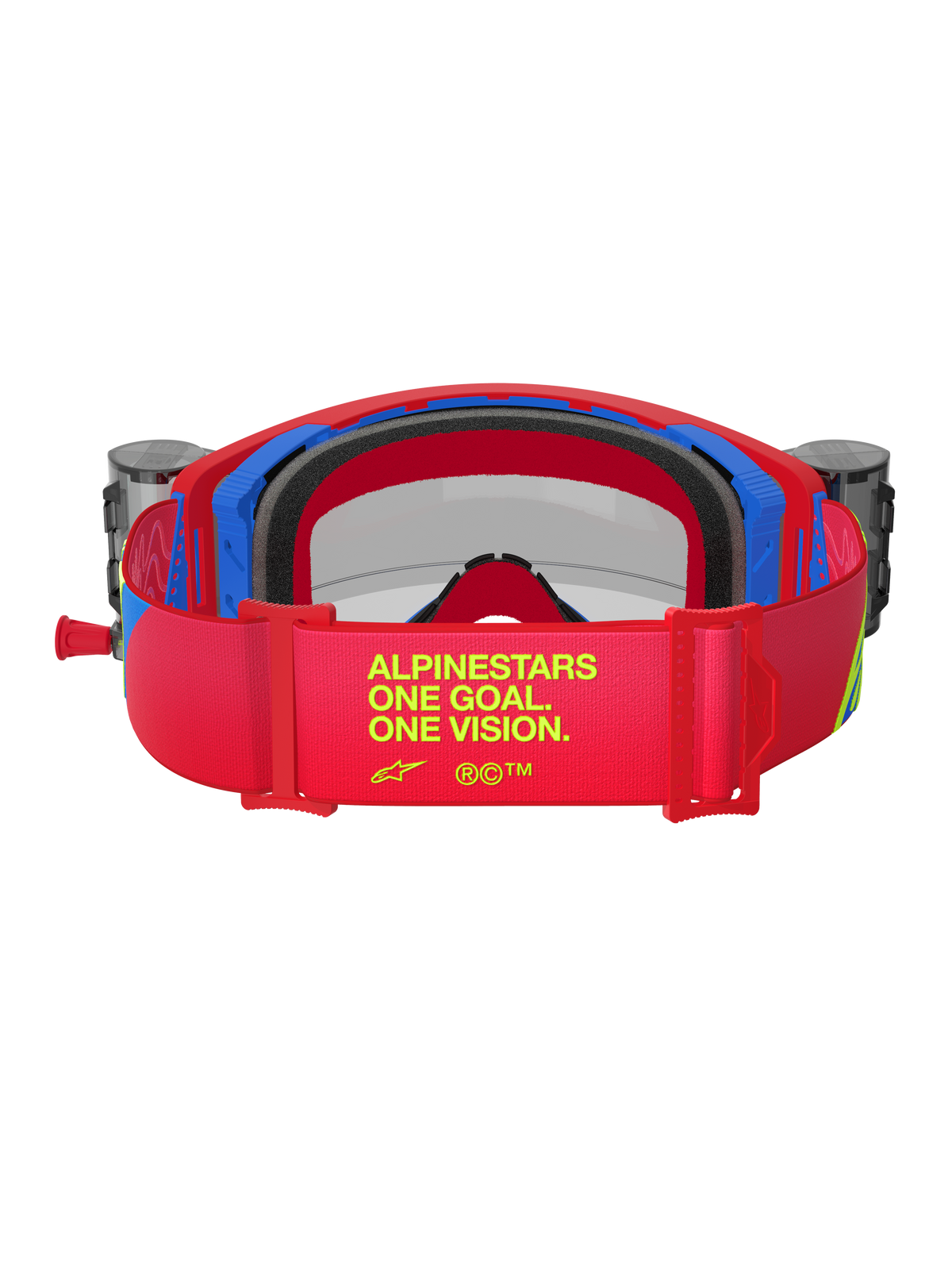 Alpinestars Supertech Corp Goggles, Red and Blue Motocross Goggles, back view showing red adjustable strap with yellow 'ALPINESTARS ONE GOAL. ONE VISION.' branding, integrated roll-off canisters and black multi-layer face foam