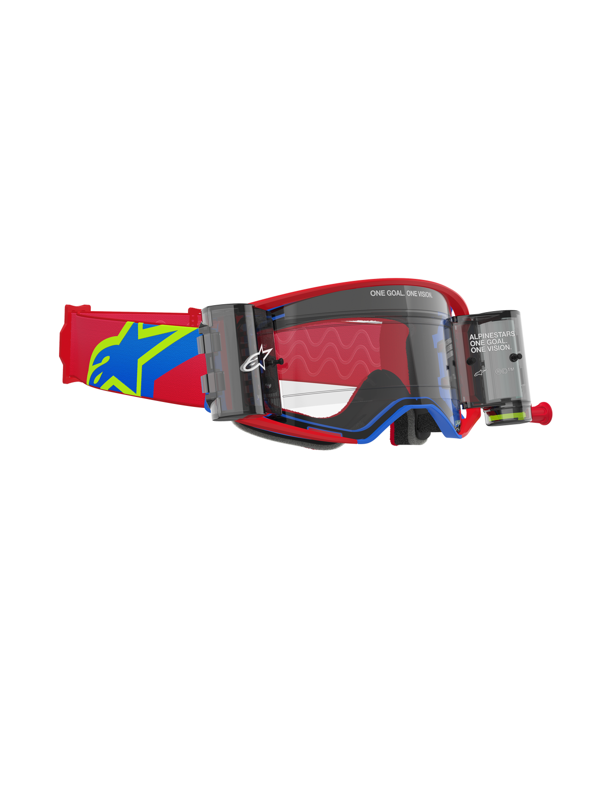 Alpinestars Supertech Corp Goggles Roll Off, Motocross Goggles, Red and Blue frame with Clear lens, integrated Wide Vision Roll-Off system with dual canisters, red adjustable strap featuring a blue and yellow star logo, professional-grade off-road racing eye protection.