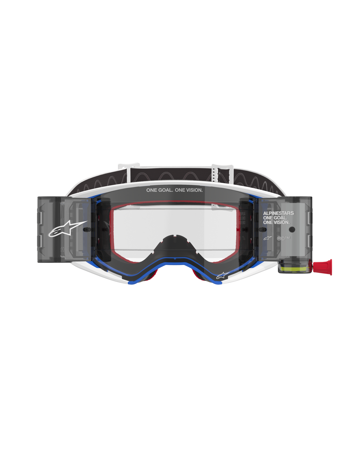 Alpinestars Supertech Corp Goggles Roll Off, Motocross Goggles, Blue and White frame with Orange accents, integrated wide-view roll-off system with clear lens, professional off-road eye protection featuring Alpinestars branding and "One Goal. One Vision." text