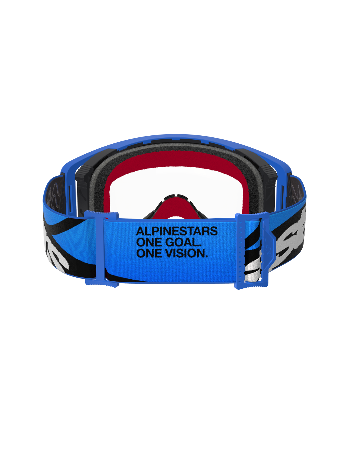 Alpinestars Supertech Stream Goggles, motocrossbriller, blå og klare, set bagfra, blå rem med teksten "ALPINESTARS ONE GOAL. ONE VISION.", sort og hvid grafik, rød og sort skumforing