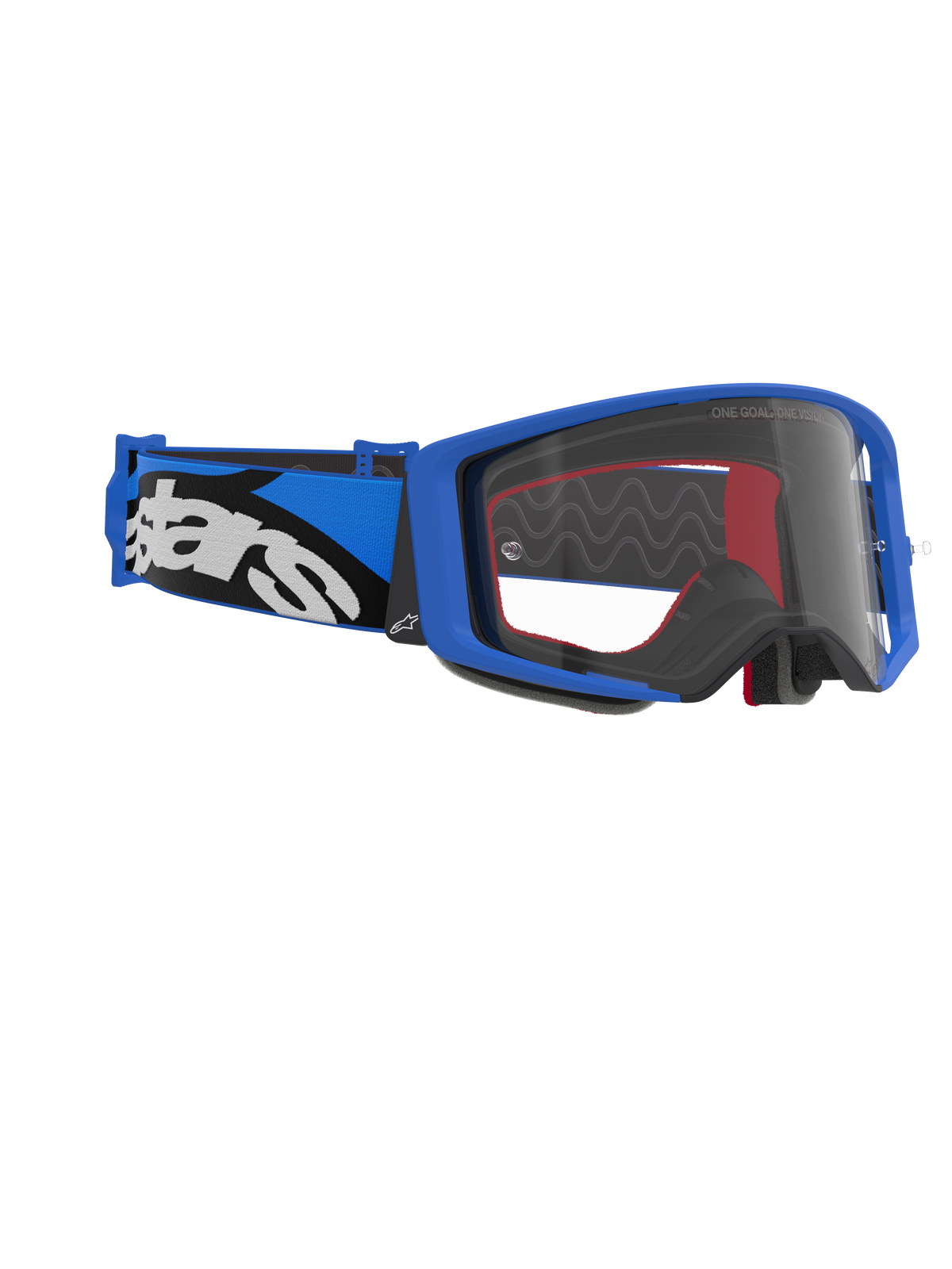 Alpinestars Supertech Stream-goggles, motocross-briller, blåt stel og klar linse, blå og sort rem med hvidt Alpinestars-logo, højtydende briller til racing