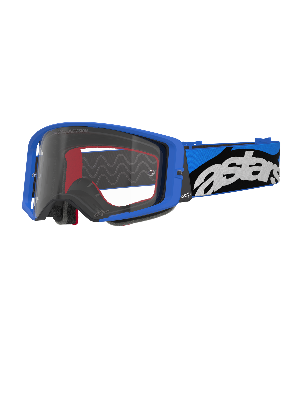 Alpinestars Supertech Stream Goggles, motocross-briller, blå og klar, lyseblåt stel med en klar linse, bred blå og sort justerbar rem med et markant hvidt 'astars'-logo, røde indvendige skumdetaljer, professionelt øjenværn til off-road og motocross-løb